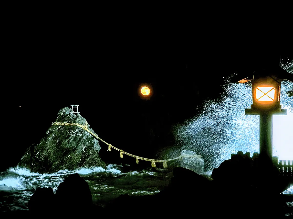 夫婦岩と波花火