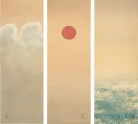 横山大観・菱田春草《旭日靜波》　（左右大観・中央春草）1901年頃　水野美術館蔵