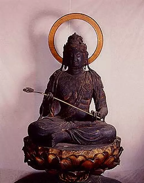 Statue assise en bois du bodhisattva Fugen