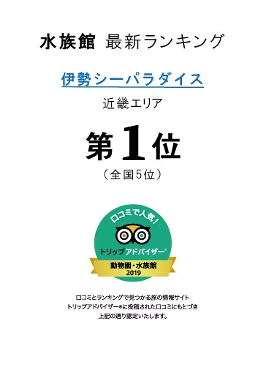 世界最大の旅行サイト「「トリップアドバイザーの口コミで人気！日本の動物園・水族館ランキング2019」で全国5位（近畿エリアの水族館では1位）を受賞