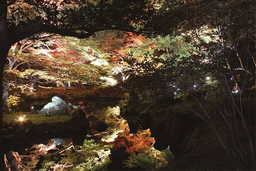 Iluminación del follaje otoñal en el jardín de las ruinas del clan Kitabatake