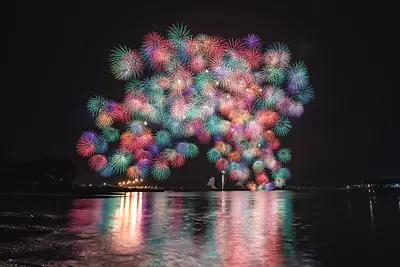 おわせ港まつりで打ち上がった、ラフルな花火が一斉に打ち上がる「彩色千輪菊」（2022年撮影）