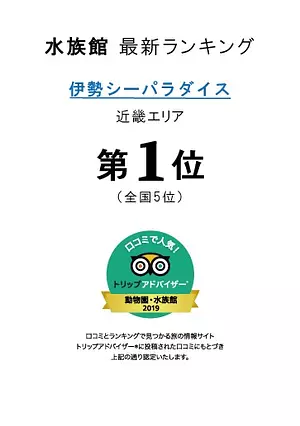 世界最大の旅行サイト「「トリップアドバイザーの口コミで人気！日本の動物園・水族館ランキング2019」で全国5位（近畿エリアの水族館では1位）を受賞