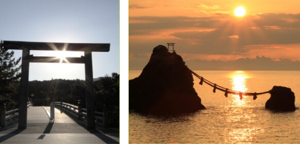 Le lever du soleil sur la porte torii d'Ujibashi (autour du solstice d'hiver)